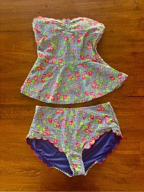 Y2K Mint condition! 🌺Betsey Johnson Pink Floral Gingham Two-Piece swim size S/M